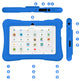 Blue children's tablet with multiple angles and features labeled on a white background