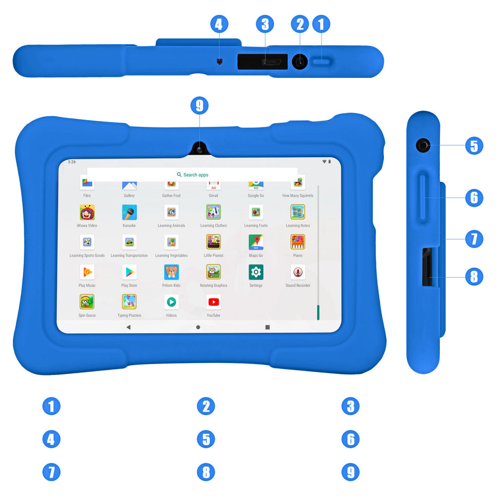Blue children's tablet with multiple angles and features labeled on a white background
