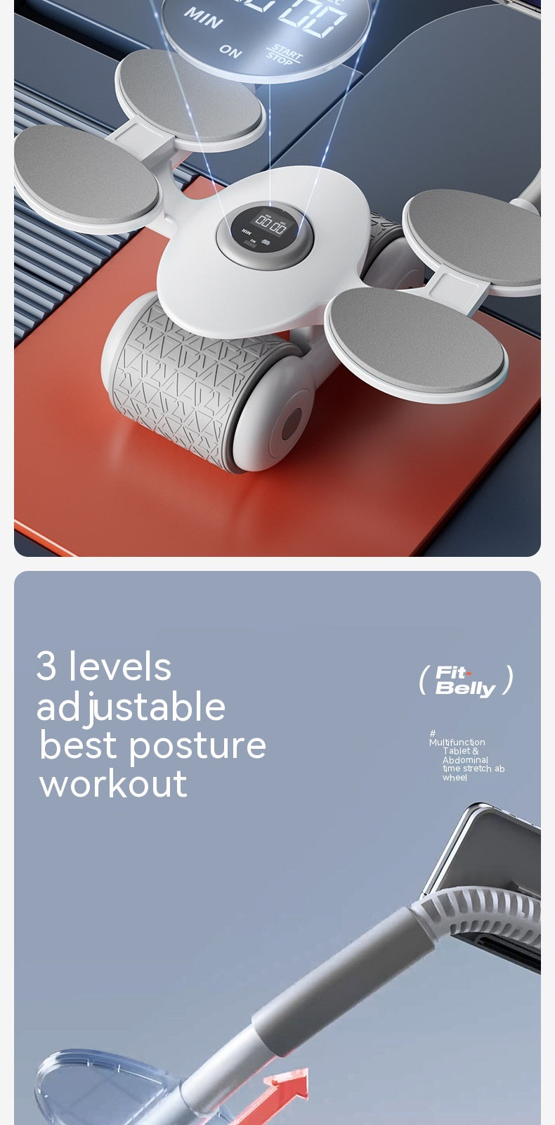 An infographic-style product presentation of a white and gray robotic abdominal massage device. The top half shows the device in use on a red mat with a digital display overlay, while the bottom half features a blue background with text reading '3 levels adjustable best posture workout' and a close-up of the handle.