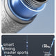 A close-up product shot of a fitness tracker or smart watch band with a metallic silver textured outer shell and a blue inner ring, shown against a light blue background. The lower panel shows a dark promotional layout with text reading 'smart timing master sports data' and a small 'Fit Belly' logo.