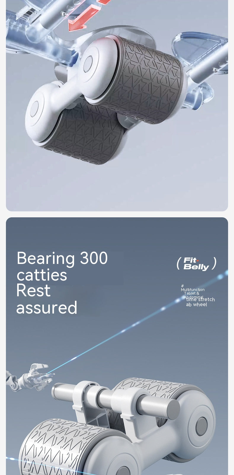 A promotional product graphic showing a pair of gray and white textured cylindrical roller wheels mounted on a metal frame, with text reading 'Bearing 300 catties Rest assured' and a small '(Fit Bolly)' mark on a blue-gray background.