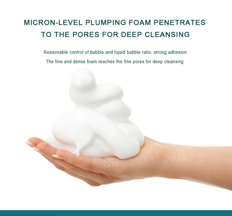 White foam on a hand with text about deep cleansing