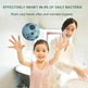 Woman and child washing hands with text about hand hygiene and bacteria reduction.