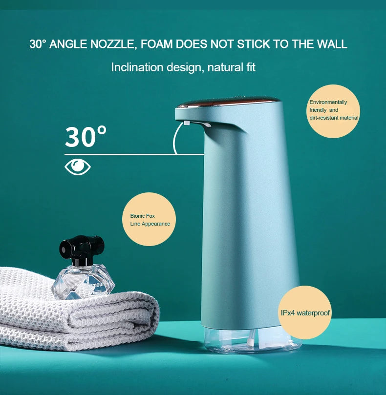 Soap dispenser with features highlighted on a teal background