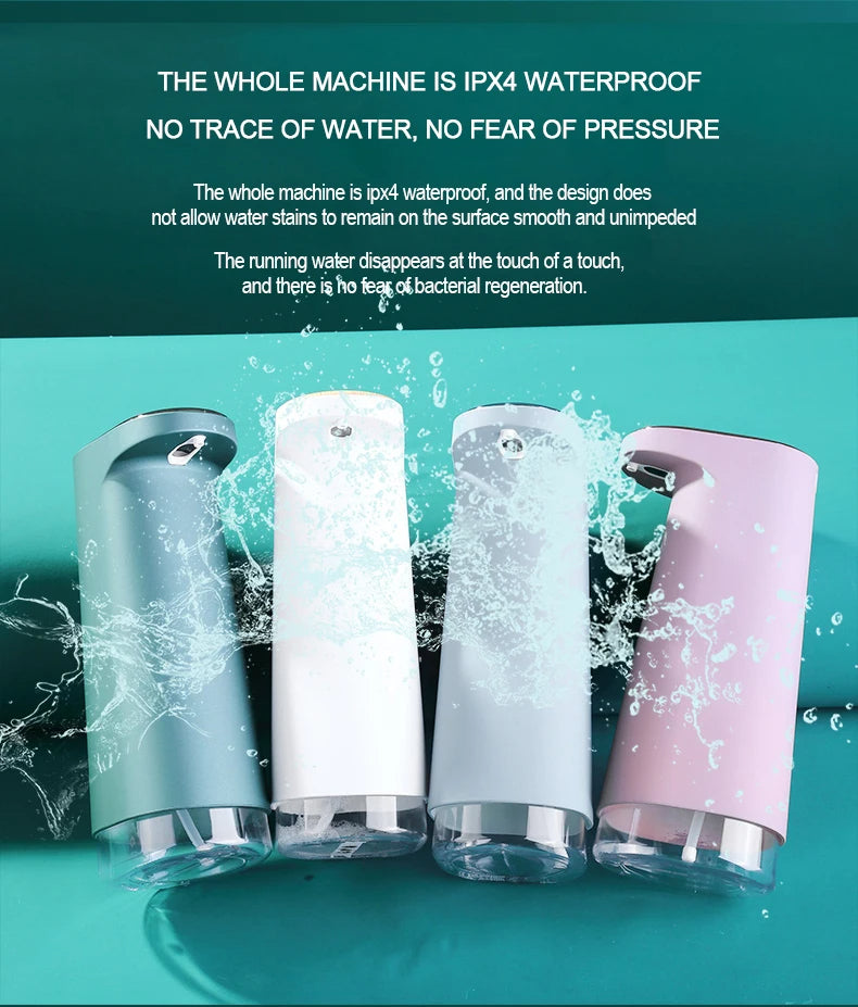 Four different colored soap dispensers with water splashes on a teal background, featuring text about the machine's IPX4 waterproof rating.