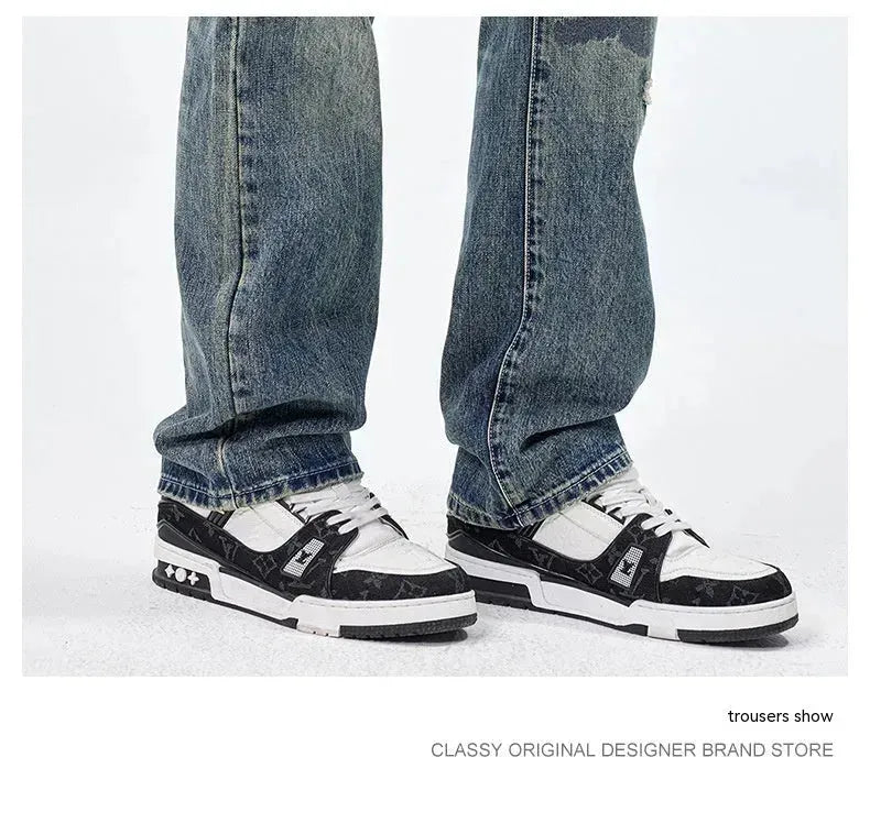 American Style Loose Broken Patch Straight Retro Denim Jeans pant Trousers Men - EX-STOCK CANADA