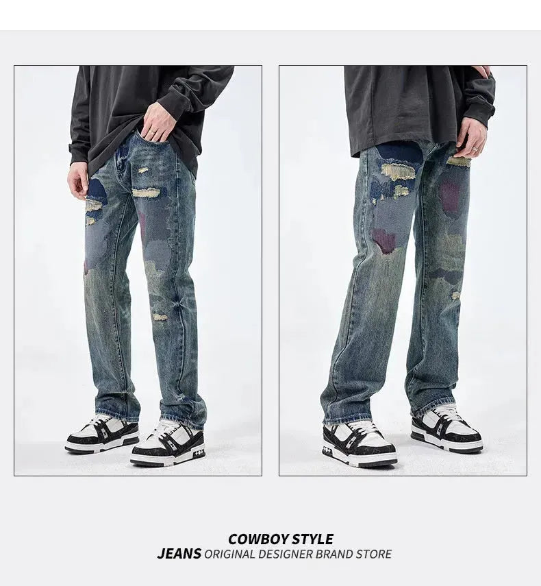 American Style Loose Broken Patch Straight Retro Denim Jeans pant Trousers Men - EX-STOCK CANADA