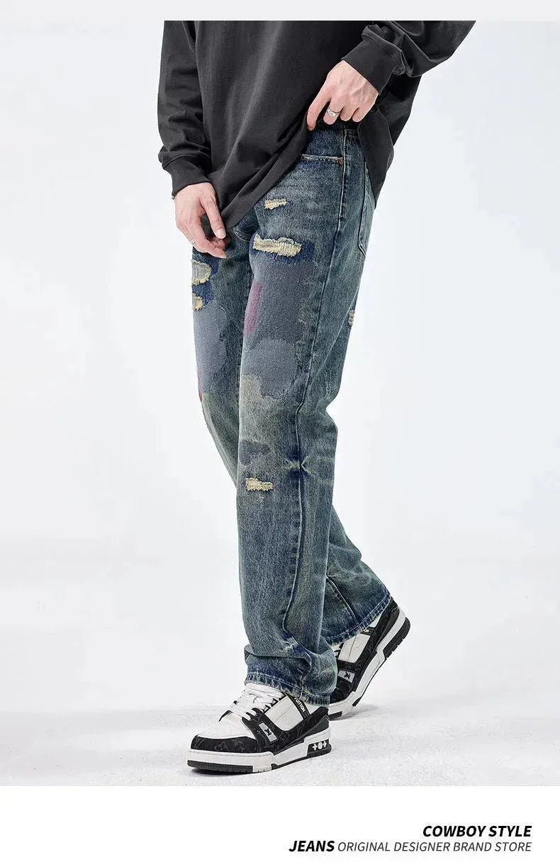 American Style Loose Broken Patch Straight Retro Denim Jeans pant Trousers Men - EX-STOCK CANADA