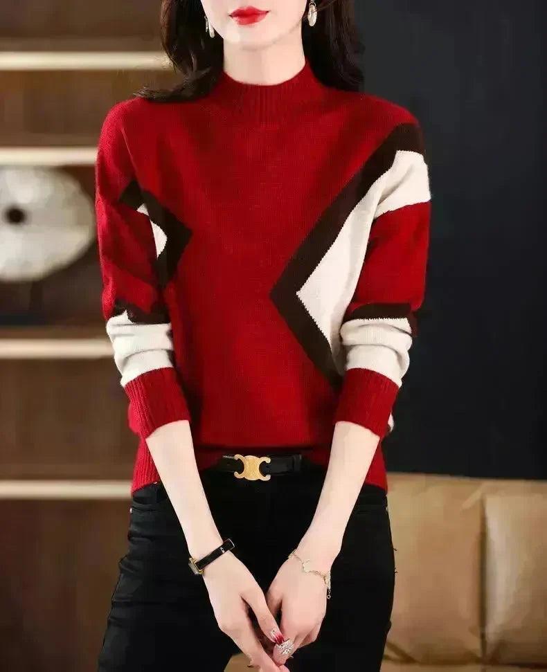 Women's Colour-Block Mock-Neck Sweater | Beige Camel, Green, Camel, Brown & Red | One Size 