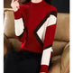 Women's Colour-Block Mock-Neck Sweater | Beige Camel, Green, Camel, Brown & Red | One Size 