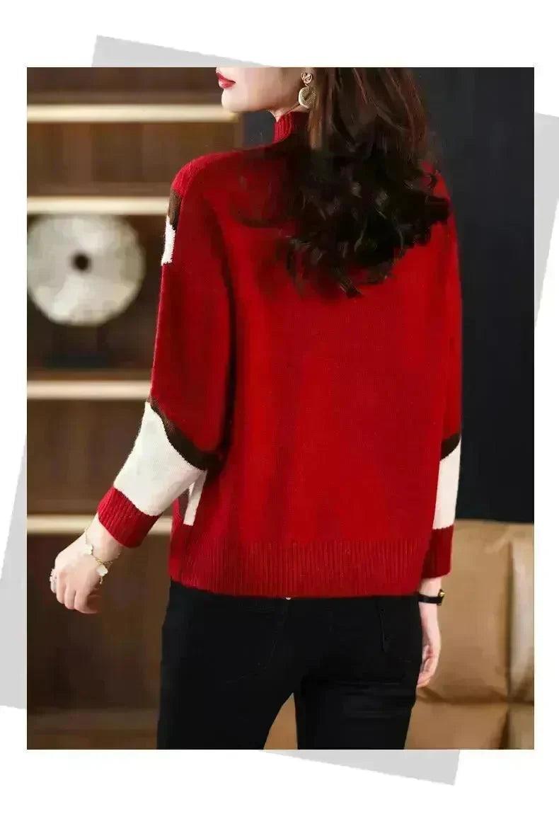 Women's Colour-Block Mock-Neck Sweater | Beige Camel, Green, Camel, Brown & Red | One Size 