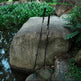Two black fishing rods with red and blue accents leaning against a large stone in a natural outdoor setting with water, rocks, and green plants.