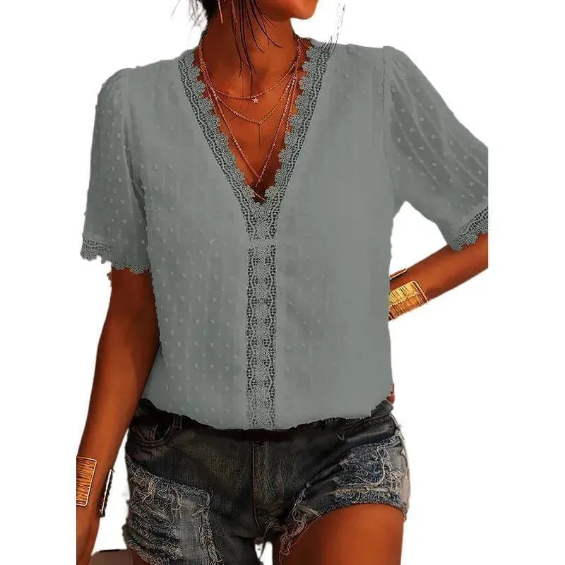 Women Chiffon blouse top  European And American spring summer Embroidered Lace Short-Sleeved Blouse Women - EX-STOCK CANADA