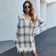 Off shoulder V-neck Pullover Knitted Mini Plaid Sweater Dress - EX-STOCK Canada