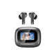 A pair of dark gray wireless earbuds above their matching charging case, which features a small color display showing a photo of two women under a blue sky.