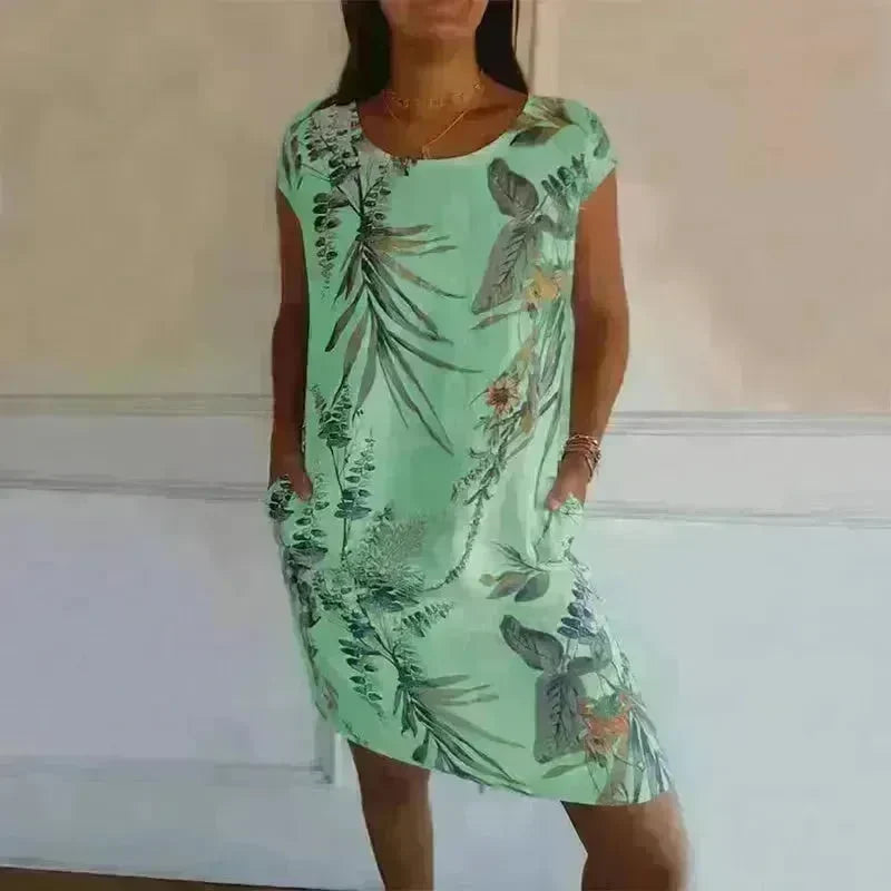 Casual Floral Printed Straight Dress Summer Loose Round Neck Short Sleeve Midi Dresses Womens Clothing - EX-STOCK CANADA