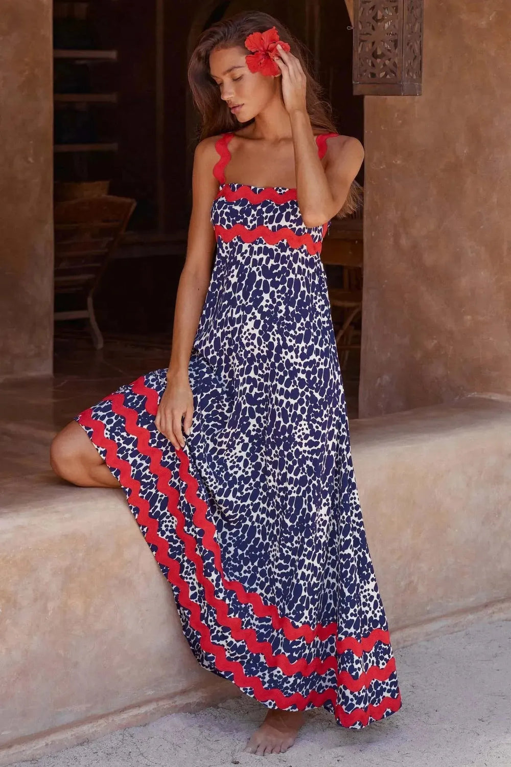 Flowers Print Wavy Pattern Suspender Long Dress For Women Fashion A-Line Beach Dresses Womens Clothing - EX-STOCK CANADA