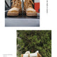 A pair of tan and brown patterned ankle boots with white faux-fur trim, shown in two lifestyle settings: on a dark surface in an urban setting and on a white fence with green foliage in the background.