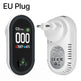 CO detector with digital display and EU plug adapter on a white background