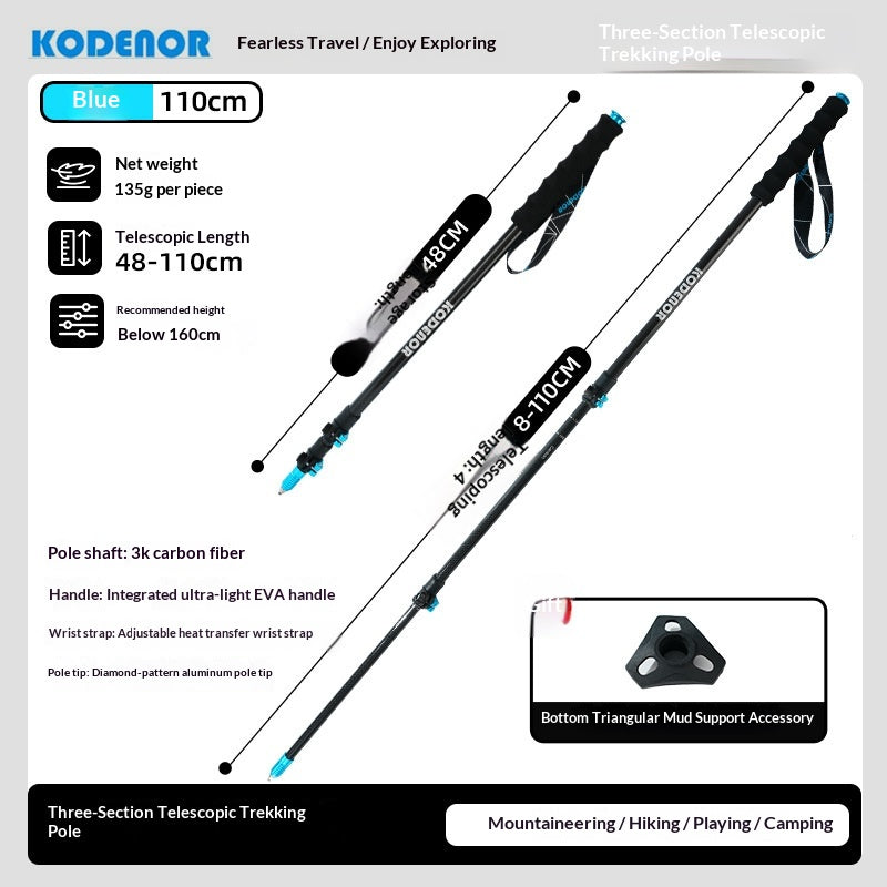 Kodenor three-section telescopic trekking poles in blue, shown with product specifications, dimensions, features, and an accessory inset on a light gray background.