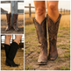 Three-panel collage showing knee-high western boots in use outdoors. The large right panel shows a person from the knees down wearing distressed brown boots on a dirt path with grass and fence posts.