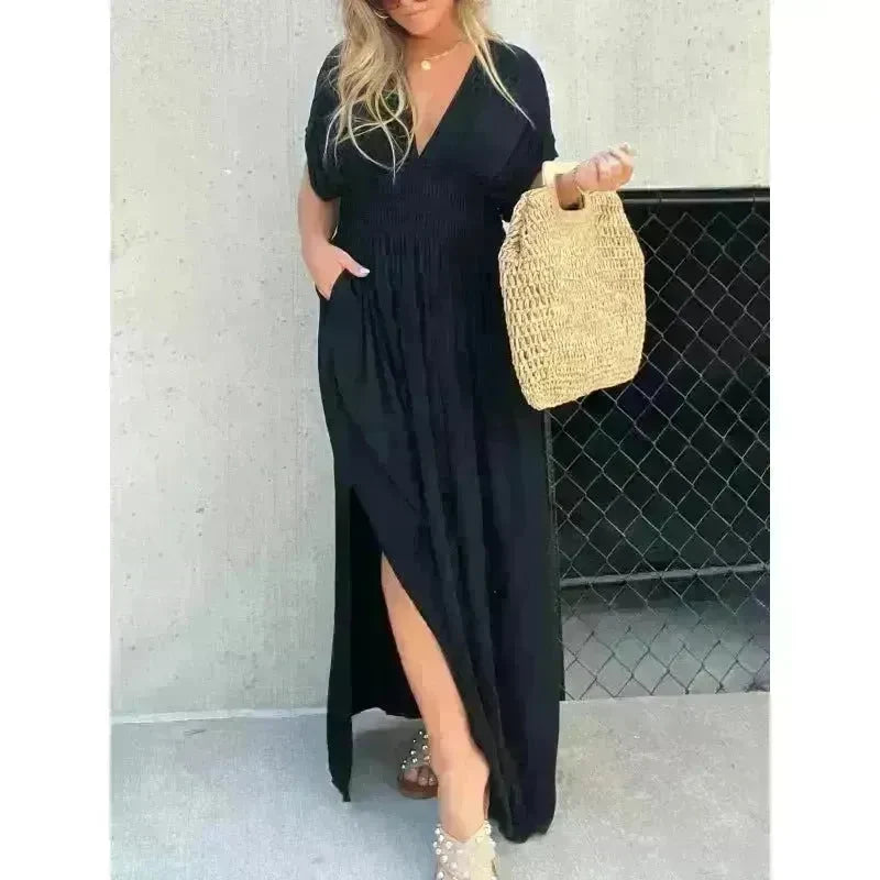 Fashion Bat-sleeved V-neck Slit Dress Summer Beach Short Sleeve Elastic Waist Split Long Dresses Womens Clothing - EX-STOCK CANADA