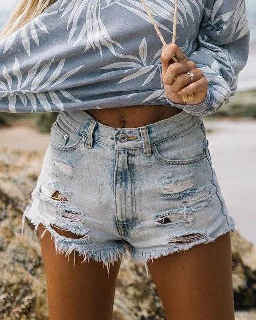High Waist Ripped Tassel Denim Shorts For Women - EX-STOCK Canada