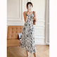 Ink Painting Print Suspender Dress Women's Spring And Summer Floral Midi dress white - EX-STOCK CANADA