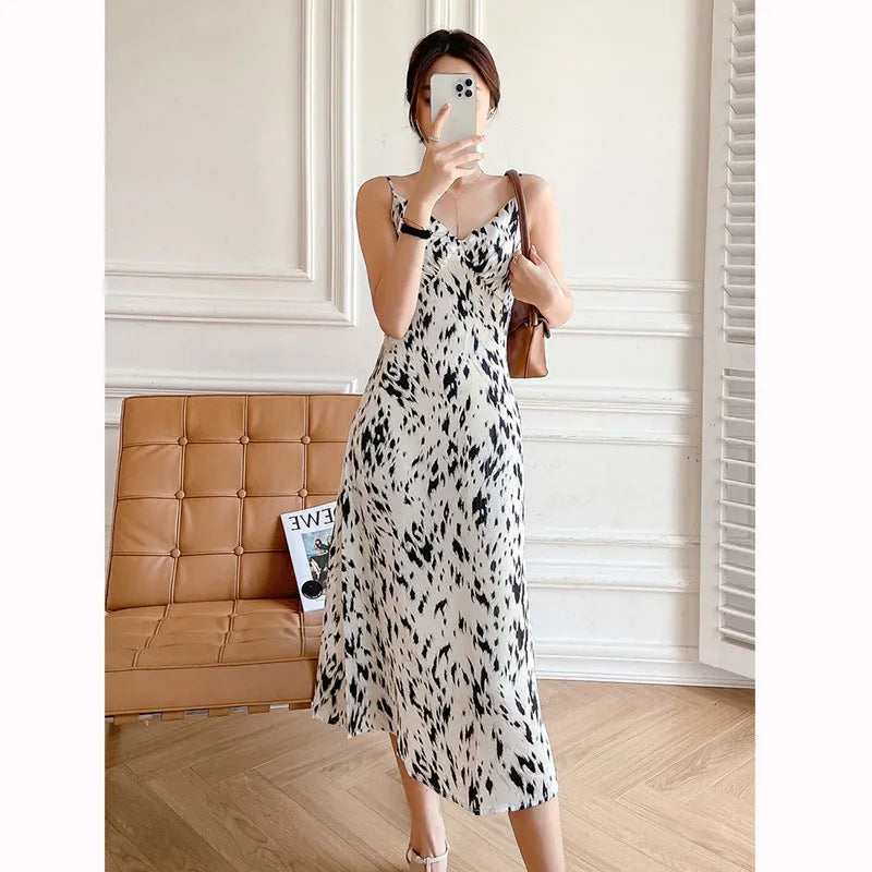 Ink Painting Print Suspender Dress Women's Spring And Summer Floral Midi dress white - EX-STOCK CANADA