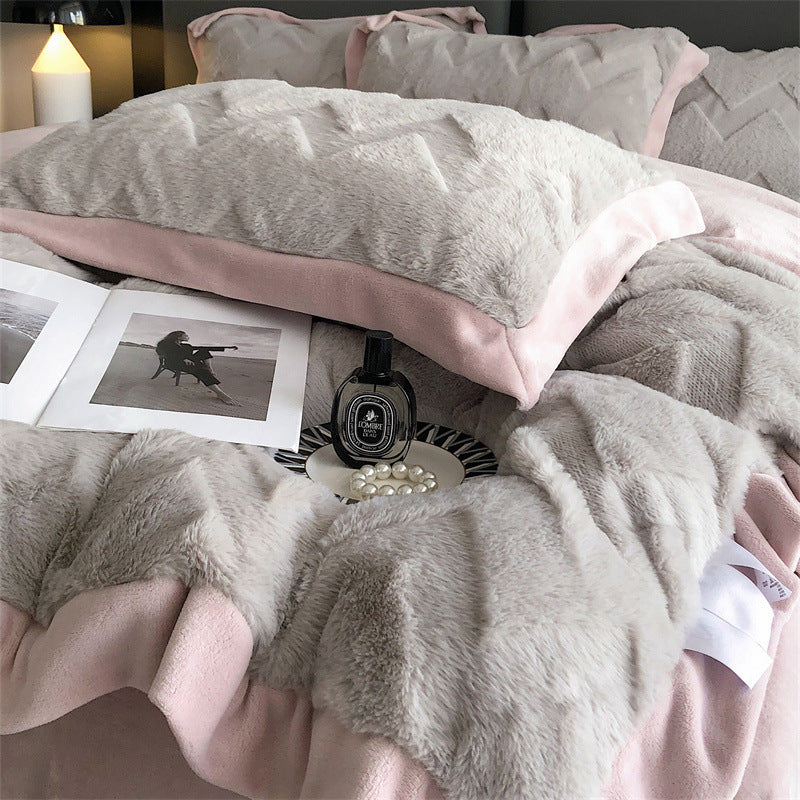 A Four Piece Set Of Rabbit Hair And Milk Velvet Duvet Cover On A Baby Plush Bed EX-STOCK Canada 