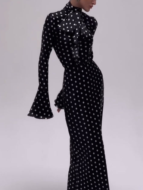 Women's Shimmer Polka Dot Bell Sleeve Maxi Dress – Elegant Bodycon Floor-Length Dress | Black
