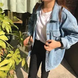 Casual Unisex Loose student bf style blue denim jacket women - EX-STOCK CANADA