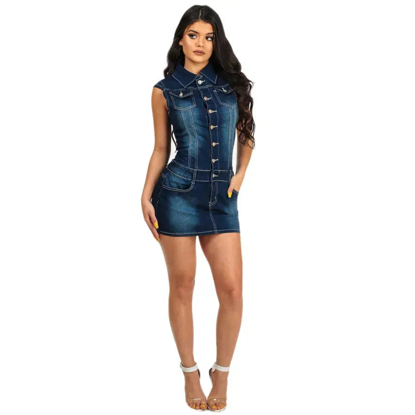Chic Club Mini Jeans Dress Button down short sleeve Denim Hip dress - EX-STOCK CANADA