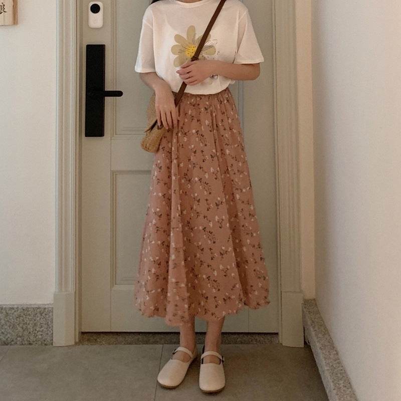 Casual Floral New Fresh High Waist Slimming Korean-style Midi A- Line Skirt - EX-STOCK Canada