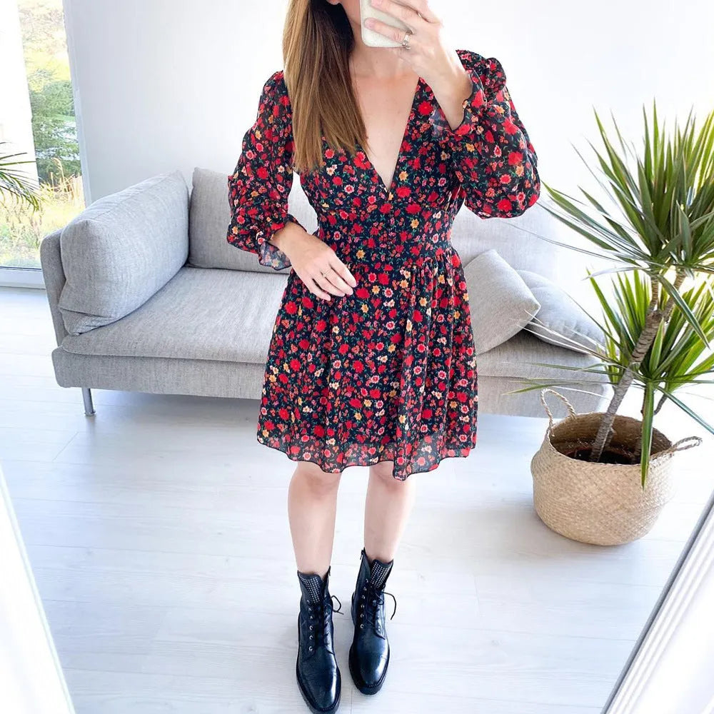 Spring Summer V-neck Long sleeve Floral Mini dress - EX-STOCK CANADA