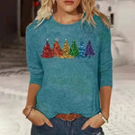 T-shirt a maniche lunghe da donna Albero di Natale stampato collo rotondo sciolto casual