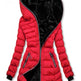 Red puffer coat with black interior on a white background