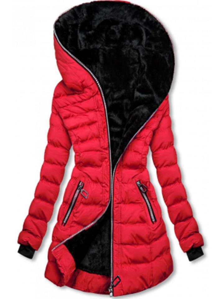 Red puffer coat with black interior on a white background