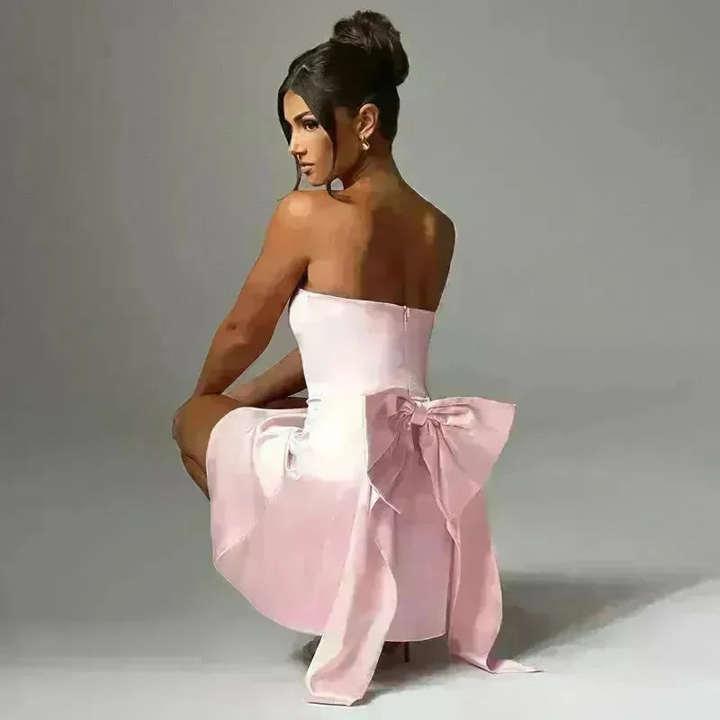 Women's Mini Tube Dress With Big Bow Summer Fashion Tube Top Short Skater Dress. - EX-STOCK CANADA