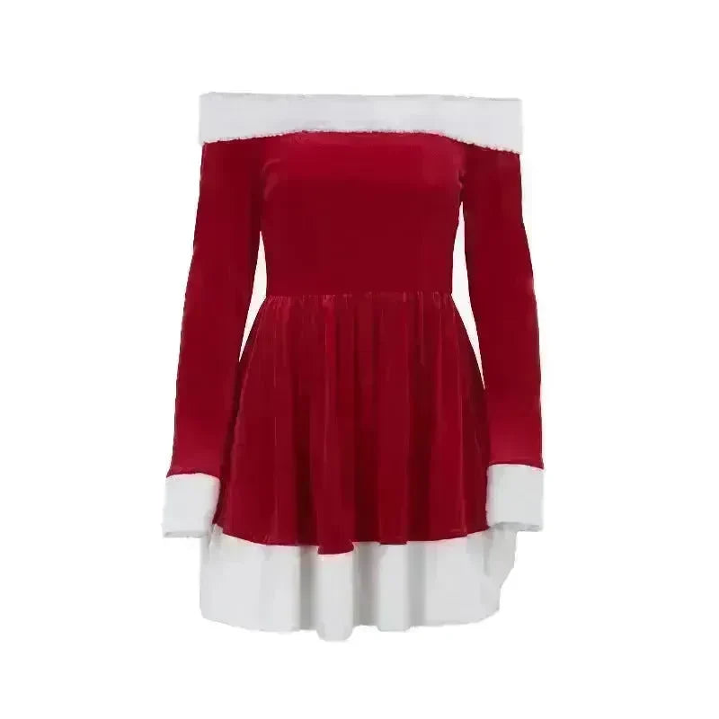 Women's Christmas Costume Santa Dress Plush Trim Boat-Neck Off-Shoulder Sleeve Dress New Year Party Cosplay Costume - EX-STOCK CANADA