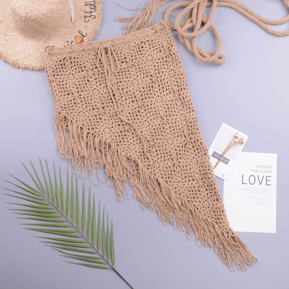 European And American Women's See Through Hollow Knitted tassel fringe Slant Beach Skirt - EX-STOCK Canada