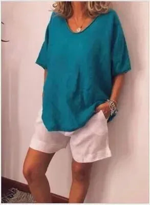 Spring Summer Loose Short Sleeves cotton linen blouse top Women Summer Tops - EX-STOCK CANADA