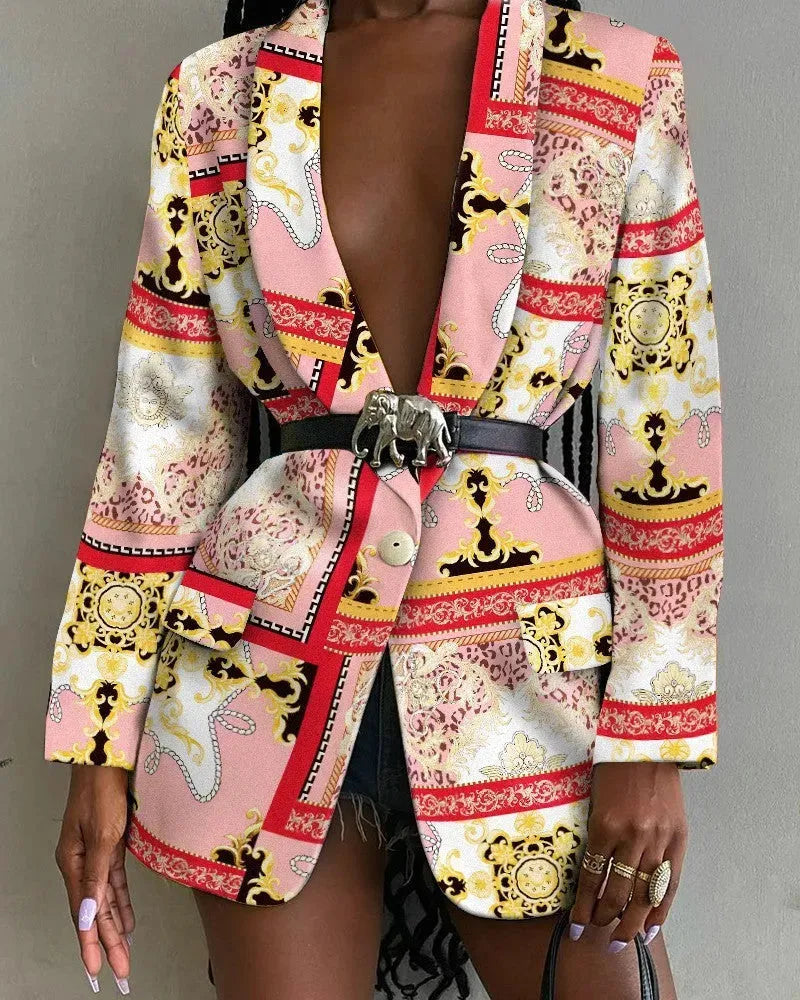 Fashion Printed Shawl Collar Single-breasted Belt Vintage Blazer Women - EX-STOCK CANADA