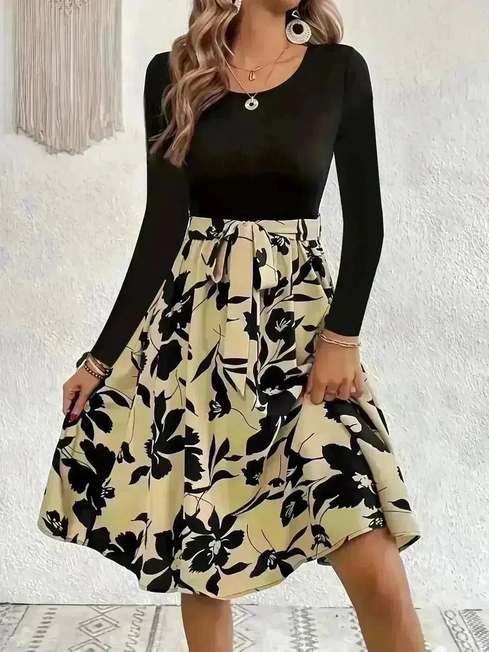 Floral Print Long Sleeve Skirt Dress Fashion Round Neck Flared Dress for Women - EX-STOCK CANADA