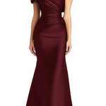 Off-Shoulder Pleated Satin Mermaid Gown – Formal Evening Dress | Gray, Wine Red, Green | US2–US16