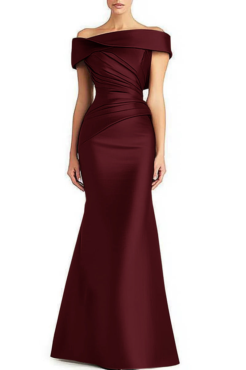 Off-Shoulder Pleated Satin Mermaid Gown – Formal Evening Dress | Gray, Wine Red, Green | US2–US16