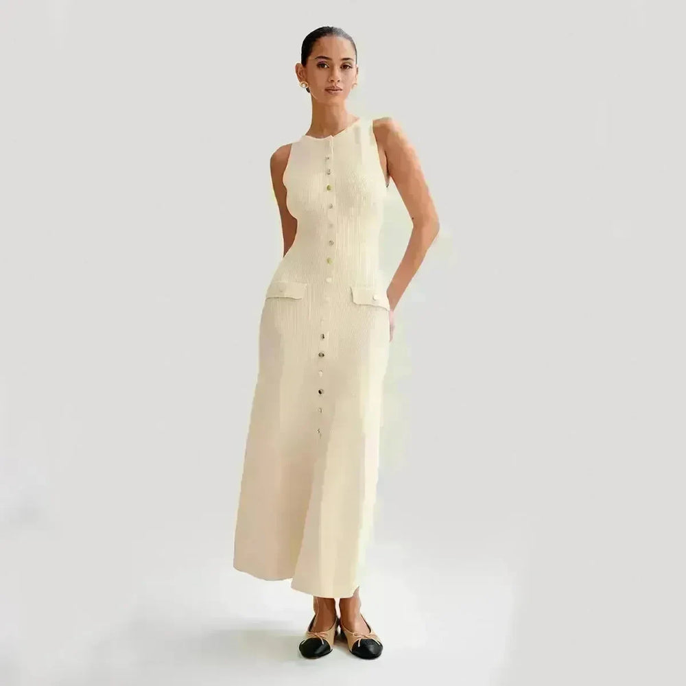Elegant Knitted Sleeveless Dress With Single Breast Fashion Slim Round Neck Long Dresses Womens Clothing - EX-STOCK CANADA