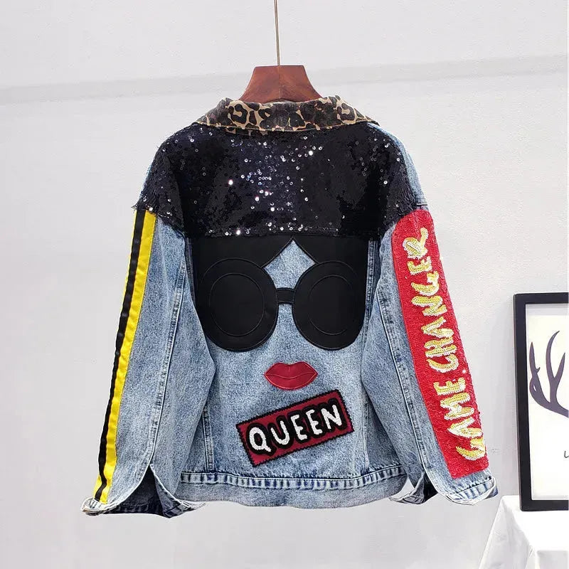 Single Breasted Embroidered Leopard Collar Denim Jacket Women - EX-STOCK CANADA