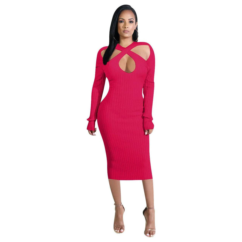 Chic V-neck Long Sleeve Midi Party Club Bodycon Pencil Dress - EX-STOCK Canada