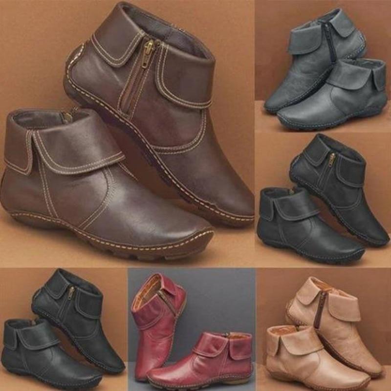 Women's PU Leather Ankle Boots with Side Zipper & Velcro Strap — Casual Short Boots